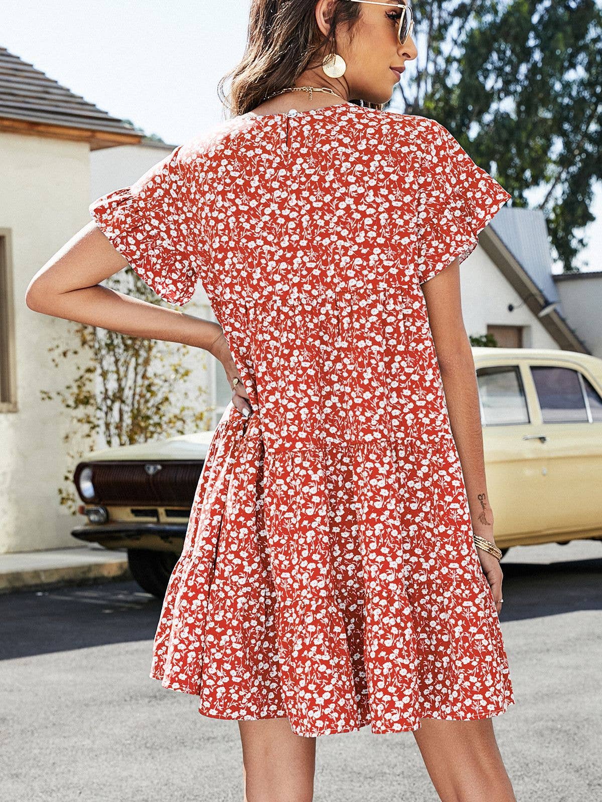 Leopard print floral crew-neck casual loose dress