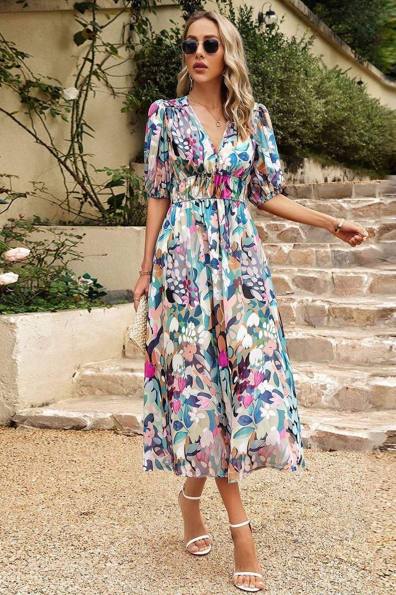 TEMPERAMENT WAIST V NECK PRINTED DRESS_CWDSD2401
