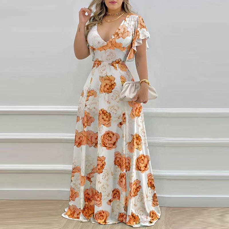 Stylish V-neck print dress with large swing waist
