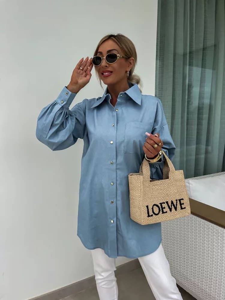 SINGLE BREASTED LONG SLEEVE SHIRT DENIM WASH TOP