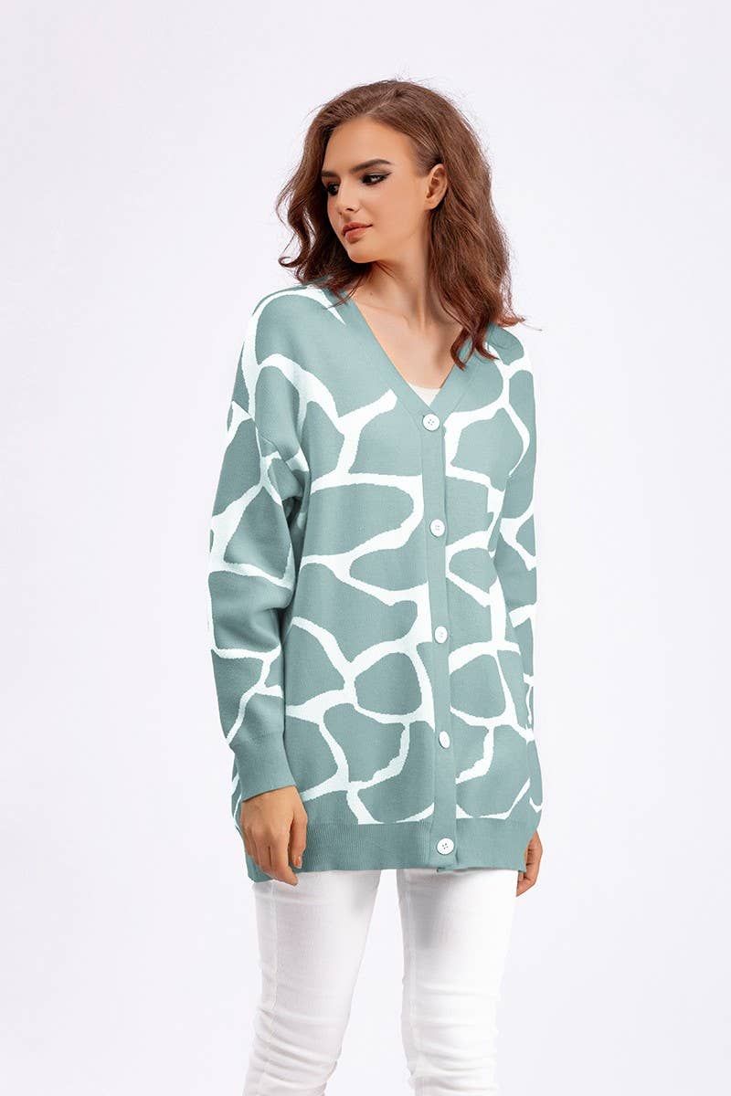 CWOCAL00664_JACQUARD KNIT V NECK LONGLINE CARDIGAN