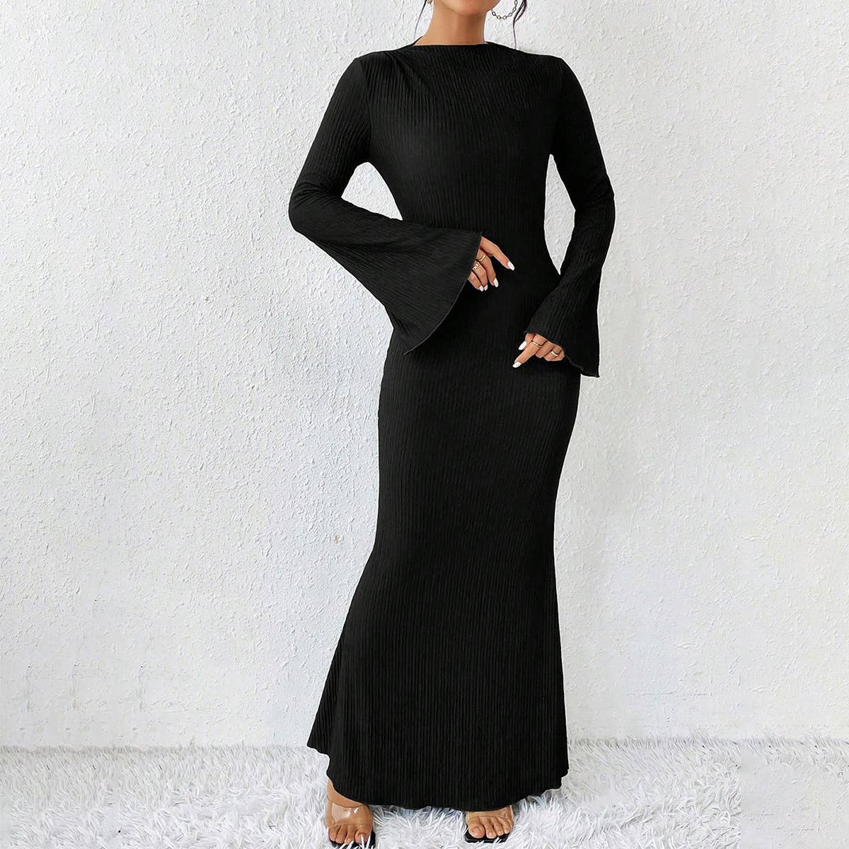 TRUMPET SLEEVE LONG FISHTAIL FLOOR-LENGTH DRESS