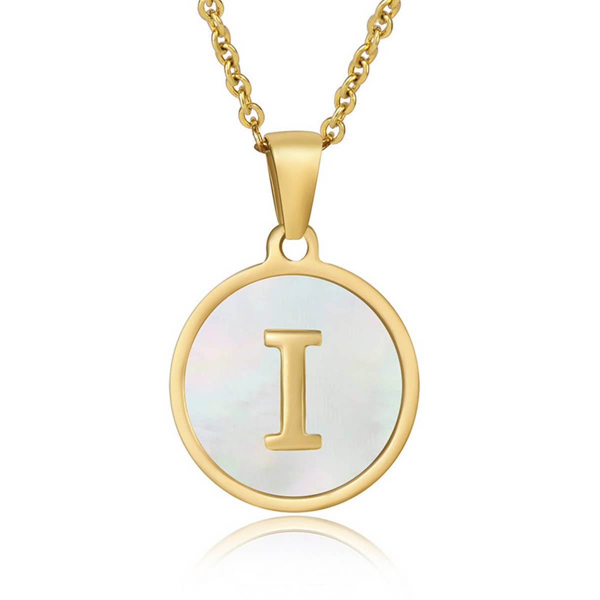CWAJE1934_Round Stainless Steel White Shell Letter Necklace