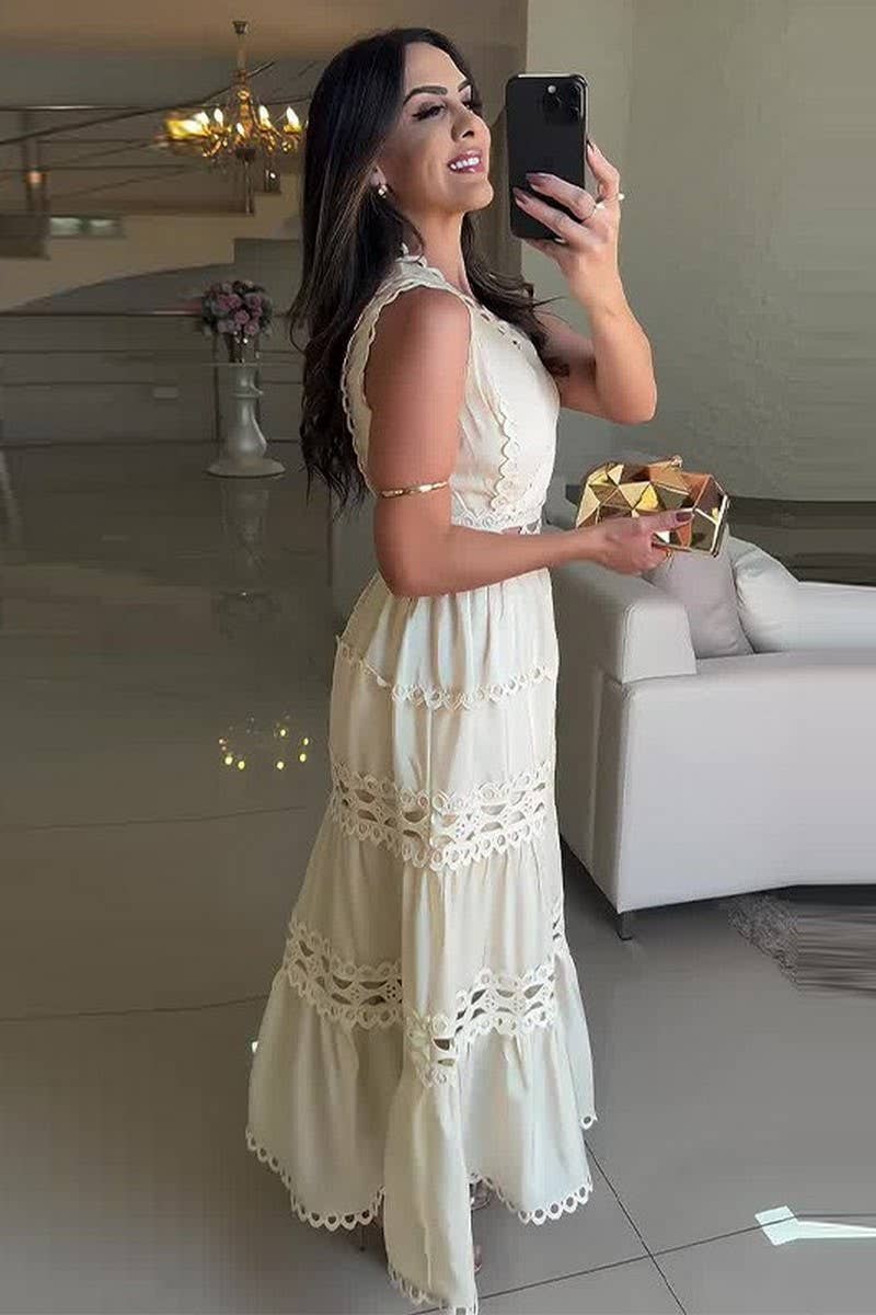 CWDMD5458_V-NECK HOLLOW EMBROIDERED SLEEVELESS MAXI DRESS