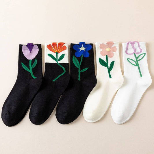 COLLEGE STYLE COTTON BREATHABLE TULIP FLOWER SOCKS