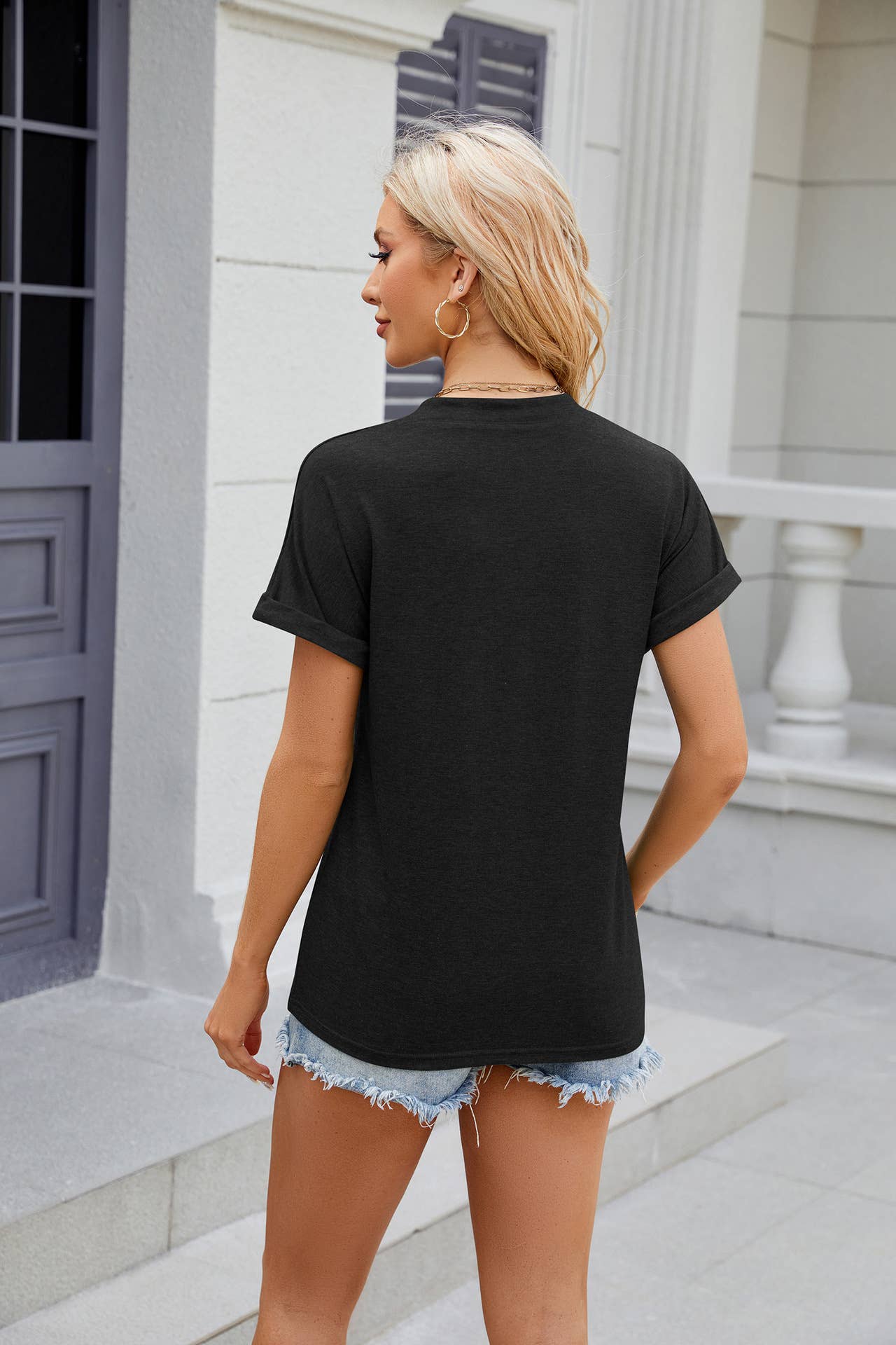 V-neck button solid color short-sleeved T-shirt