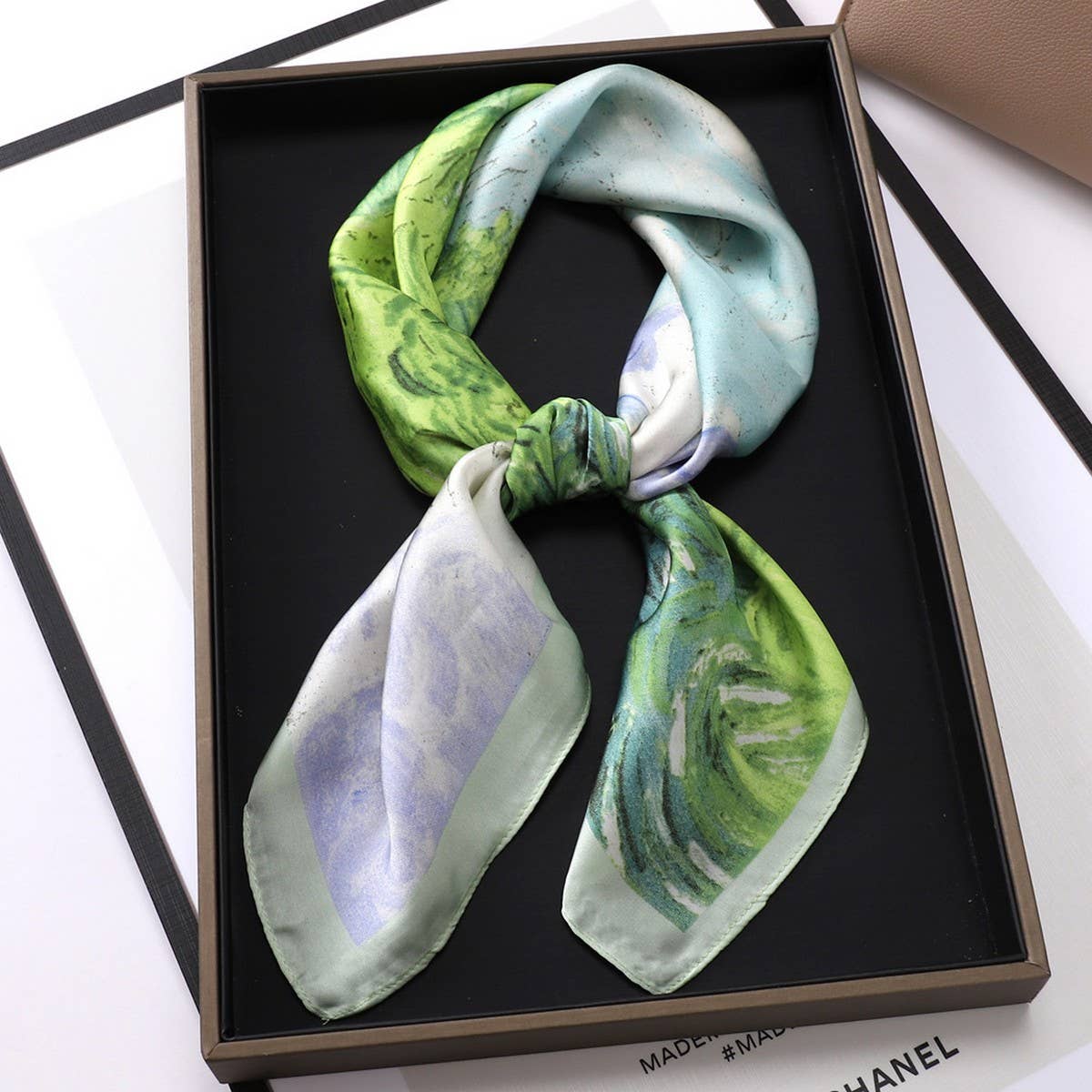 Vintage Letter Print Satin Square Scarf for Women