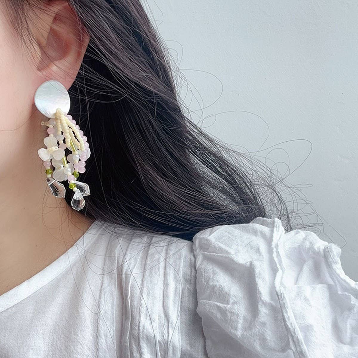 SHELL TASSEL BEADED FLOWER EARRINGS