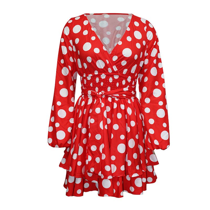 V-NECK LONG-SLEEVED POLKA DOT FASHION DRESS