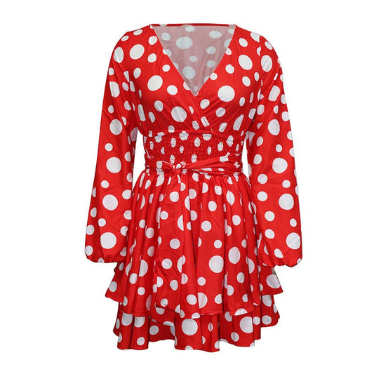 V-NECK LONG-SLEEVED POLKA DOT FASHION DRESS
