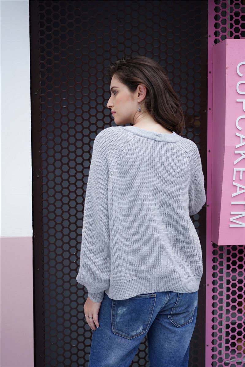 SOLID COLOR BUTTON-DOWN V-NECK SWEATER