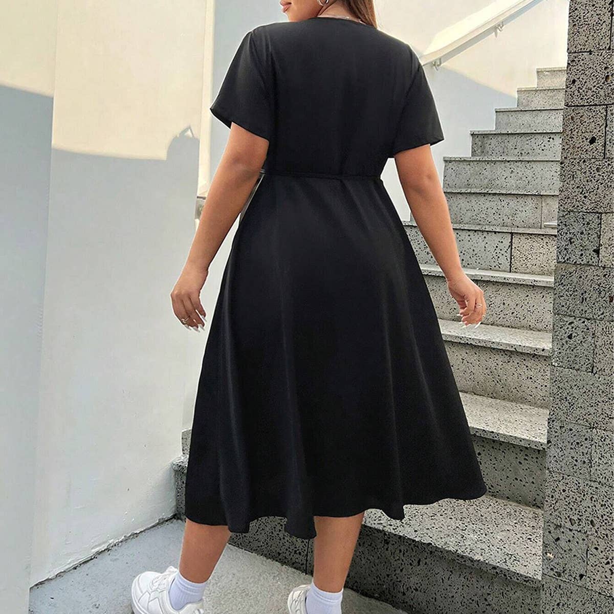 Women's V Neck Split Midi Dress ? Solid Color