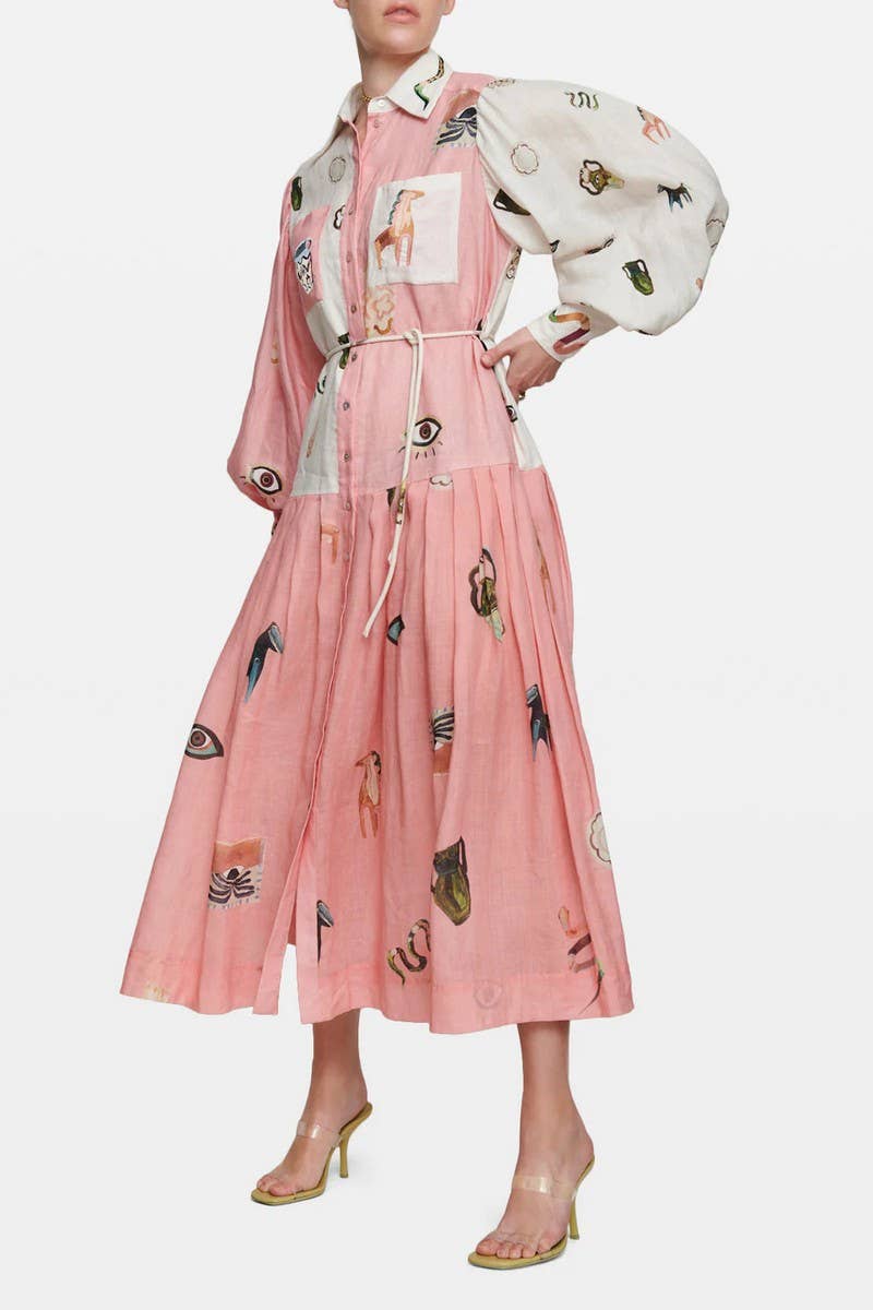 CWDMD5727FASHIONABLE LONG-SLEEVED PUFF SLEEVES TIE-UP DRESS