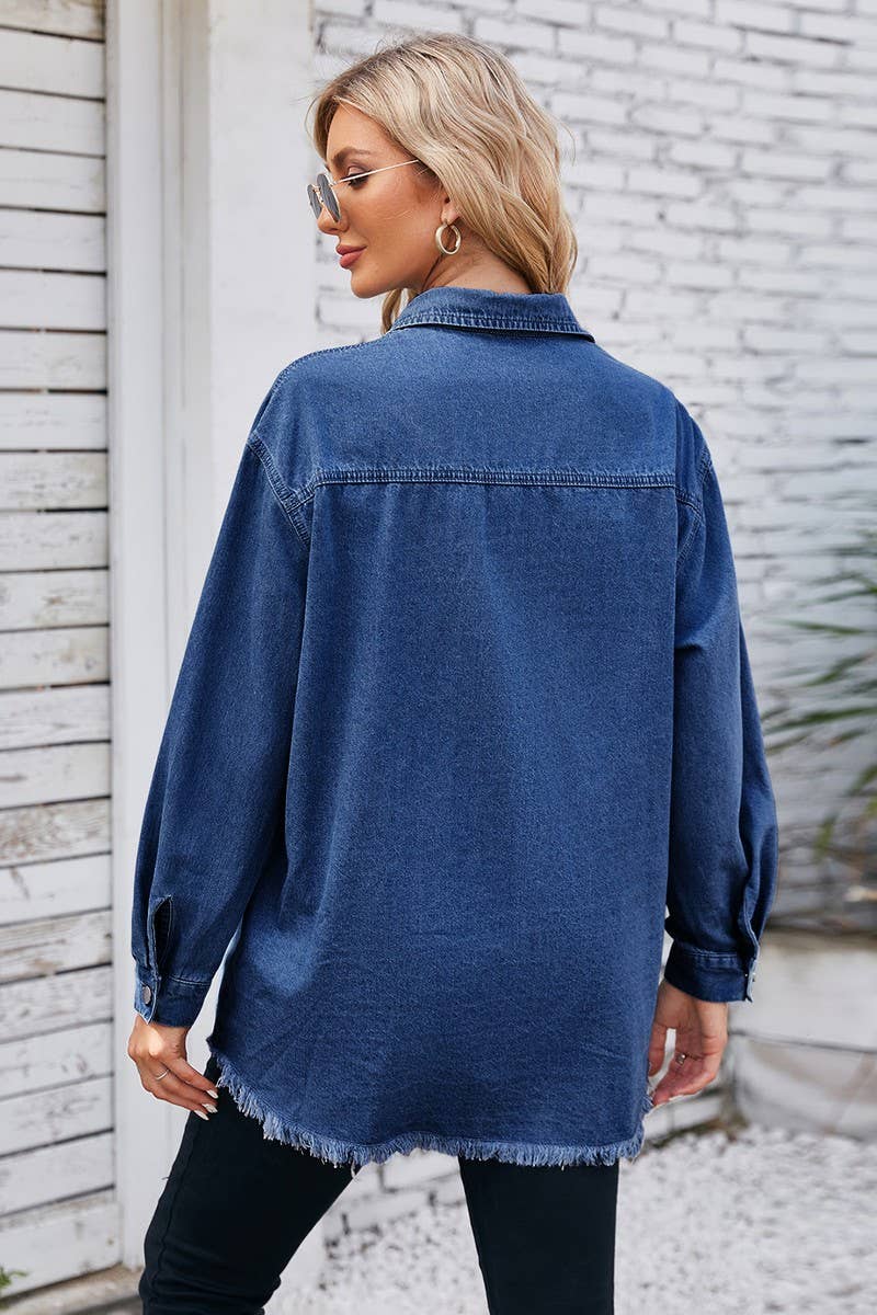 CWJT00079_WASHED RAW EDGE LONG SLEEVE LAPEL DENIM TOP