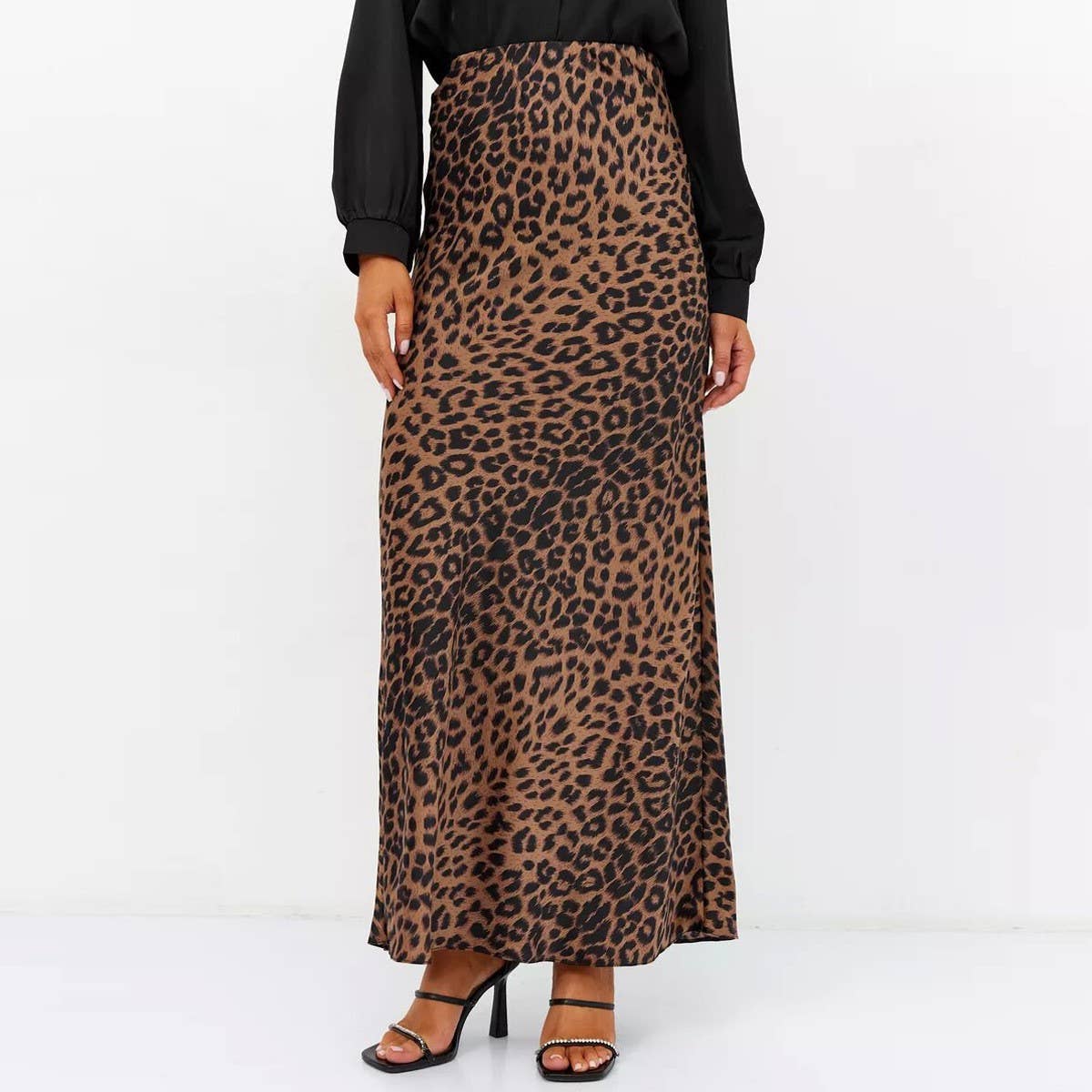 SATIN SKIRT SEXY LEOPARD PRINT MAXI SKIRT_CWAB4798