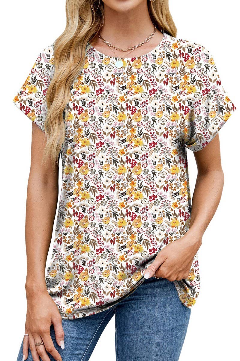 Cwtbls1742_Printed Crew Neck Loose Short Sleeve T-Shirt Top