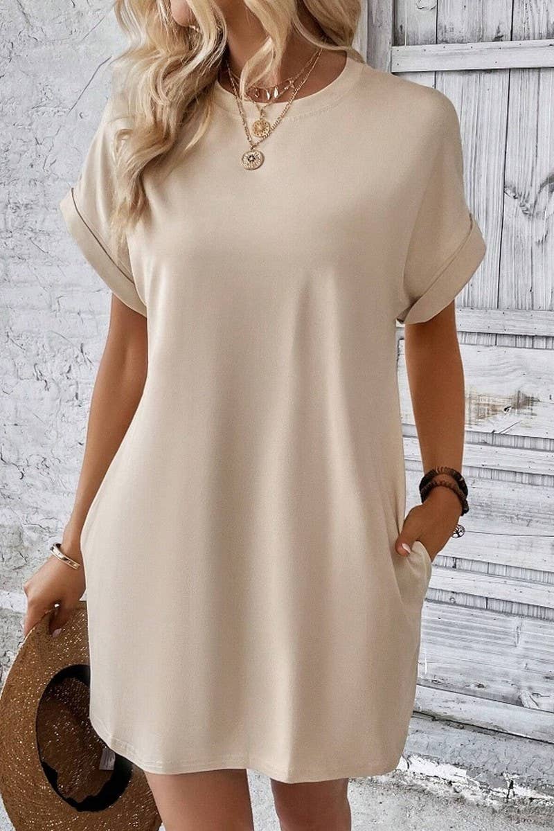 CWDSD3628_SOLID COLOR ROUND NECK LOOSE POCKET SHORT DRESS