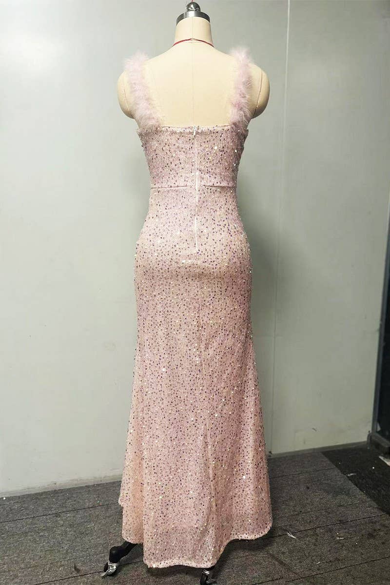 CWDMD5430_ELEGANT SEQUIN FEATHER TRIM RED FORMAL MAXI DRESS