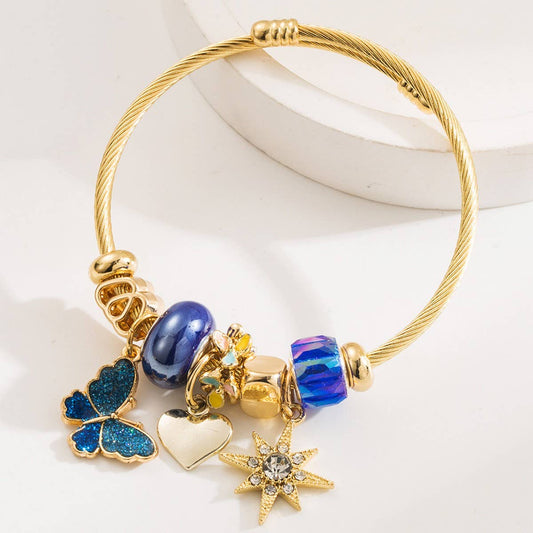 Beaded Steel Bracelet with Enamel Butterfly & Star_CWMM8564
