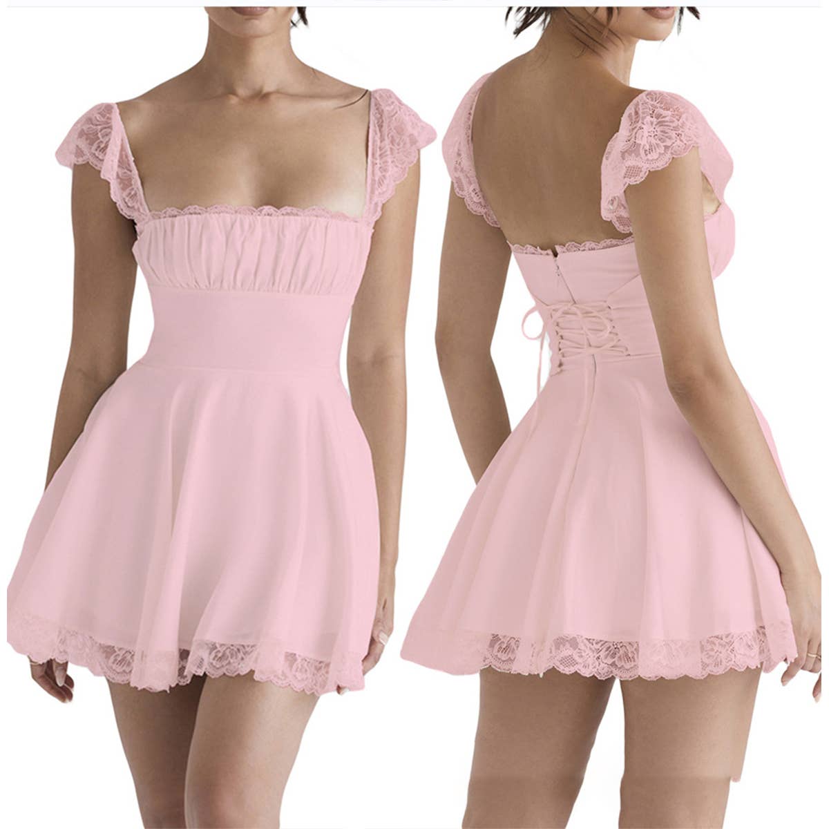 Lace-trimmed square-neck fitted backless dress