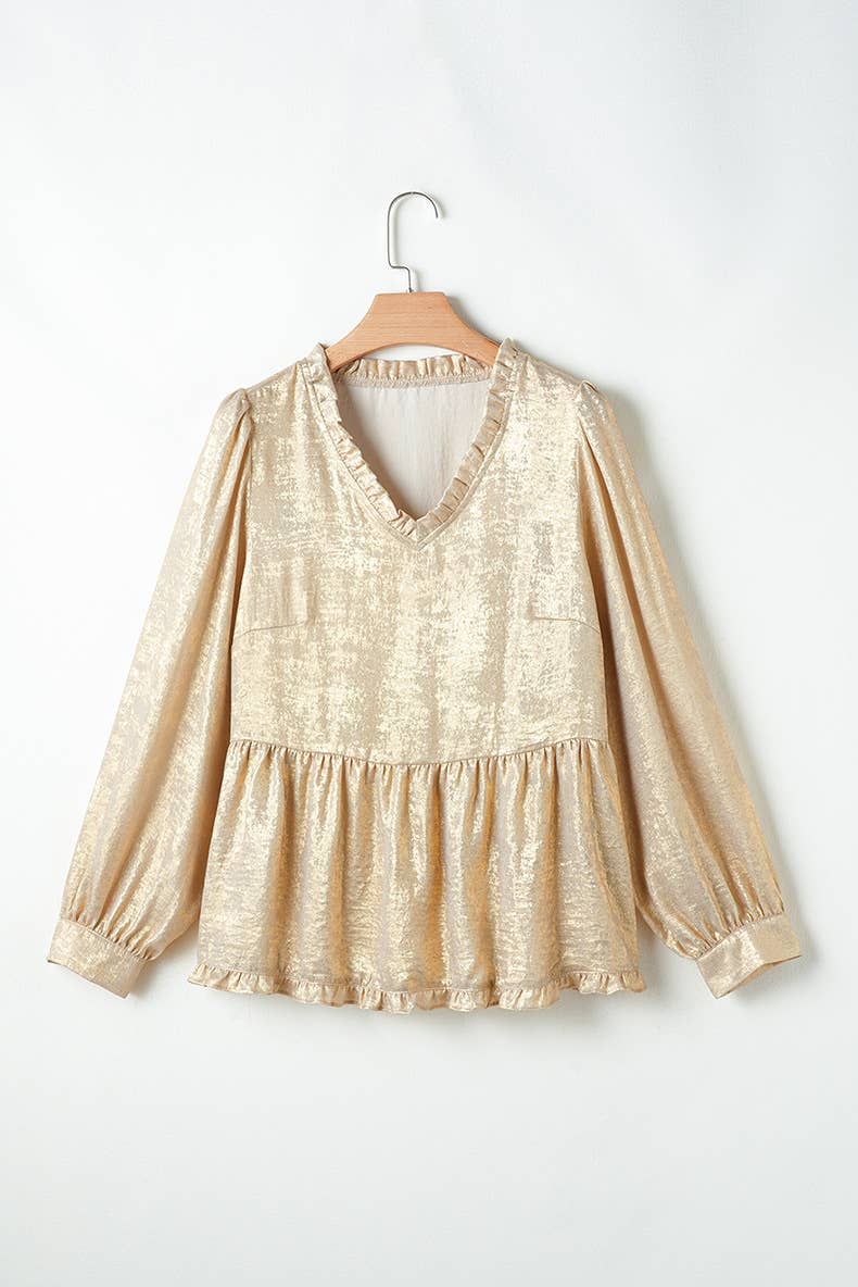 SOLID COLOR RUFFLED V-NECK BUBBLE SLEEVE PULLOVER