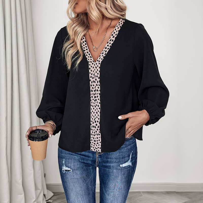 Leopard print patchwork loose V-neck shirt