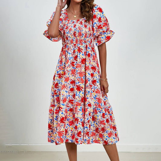 Print dress with square collar and puffed sleeves
