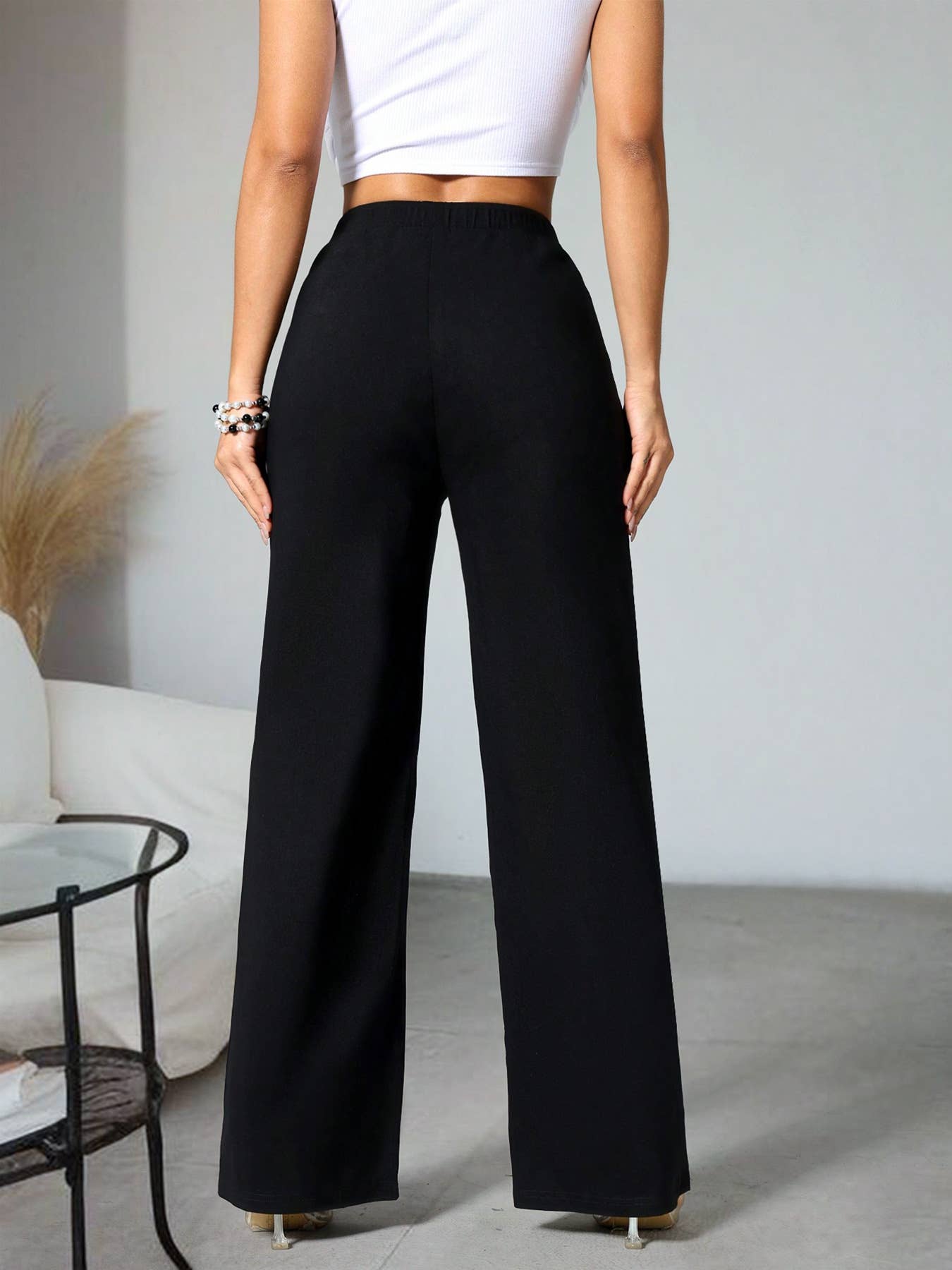 High-waisted button elastic straight-leg pants