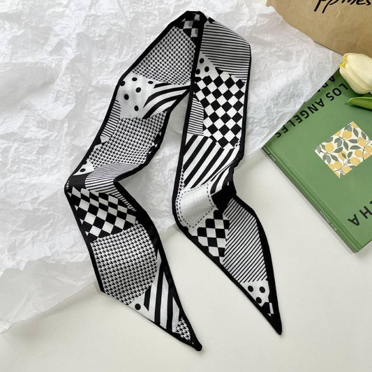 BLACK GEOMETRIC LACE NARROW RIBBON SCARF_CWASC0714