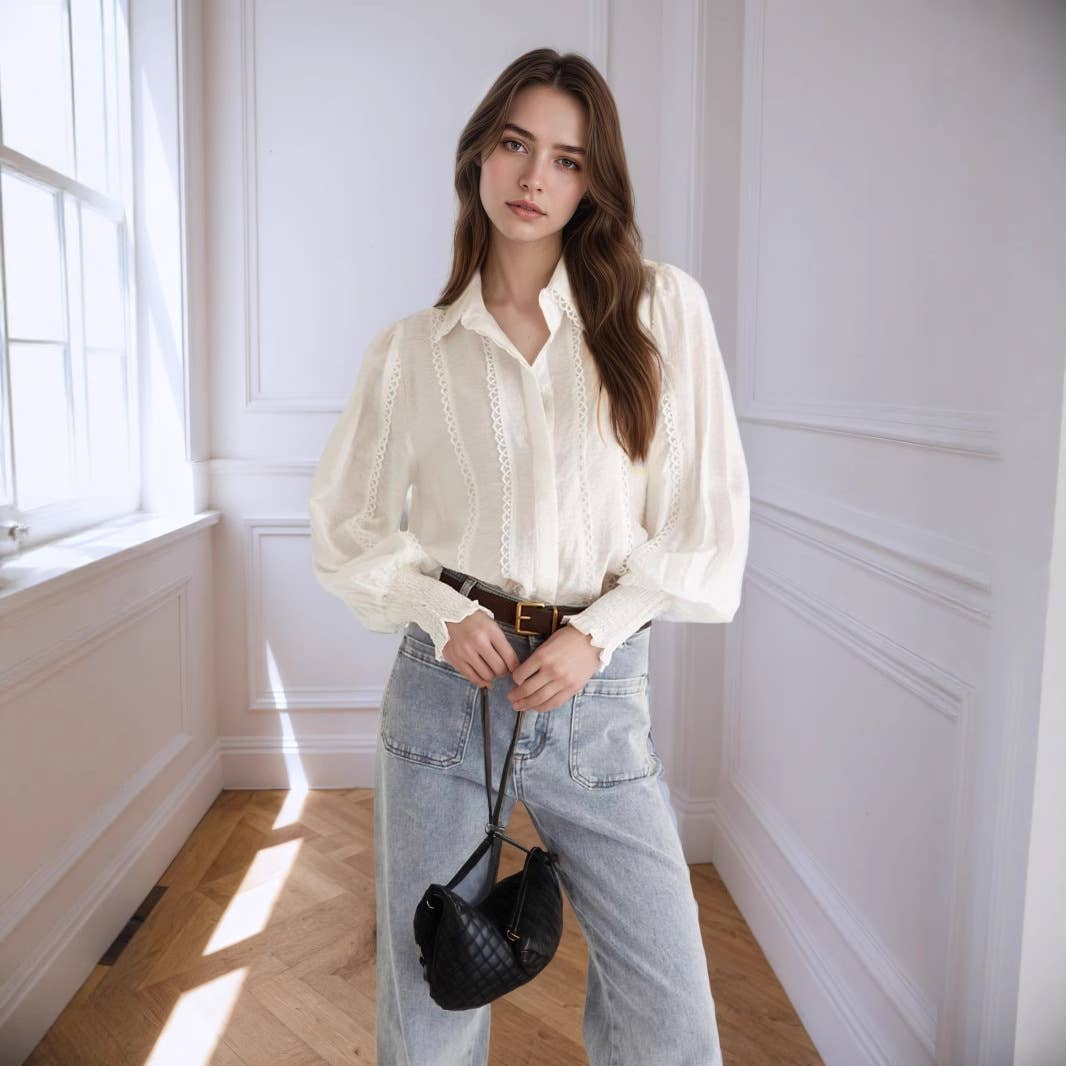 Lantern sleeve fabric lace trim fashion shirt