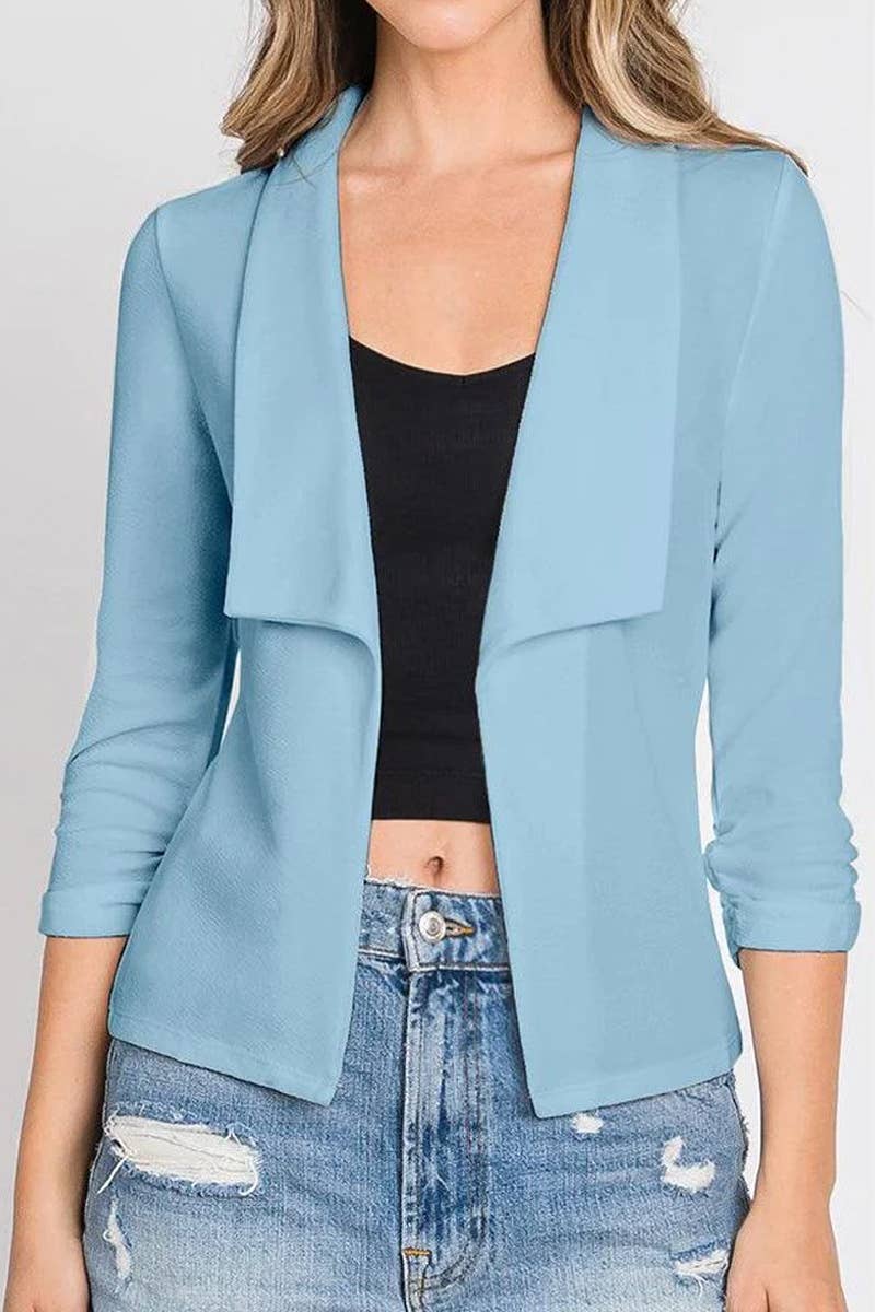 CWOBL101_Casual Work Ruched 3/4 Sleeve Open Front Blazer