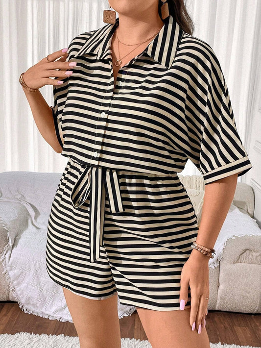 Loose casual striped cinched-waist jumpsuit