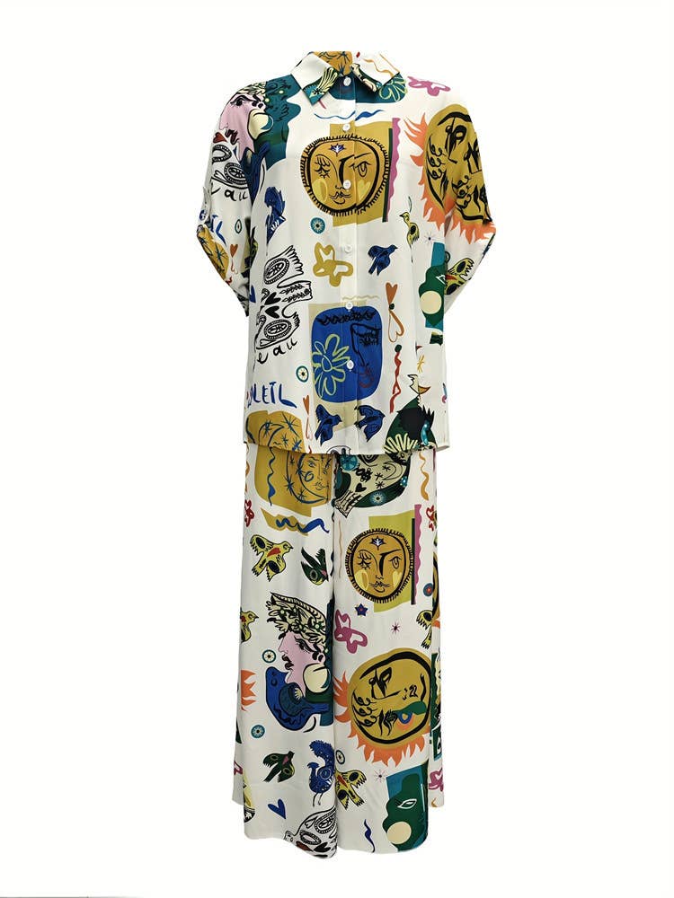PRINTED SHIRT WIDE-LEG PANTS TWO-PIECE SET