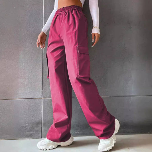SOLID COLOR HIGH-WAISTED POCKET CARGO PANTS