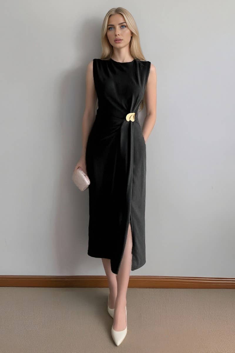 CWDMD6407_RUCHED SLEEVELESS SPLIT SOLID MIDI DRESS