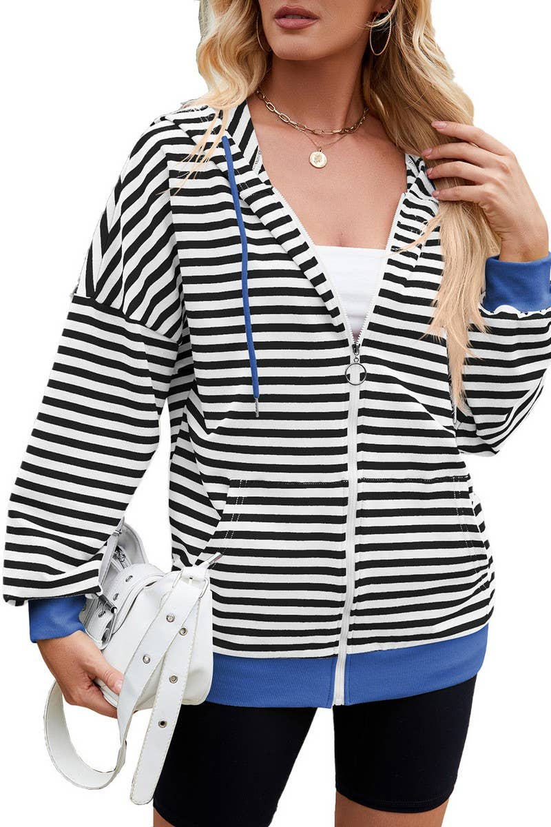 CWOCO0879_CASUAL CONTRAST STRIPE HOODED ZIP-UP SWEATSHIRT