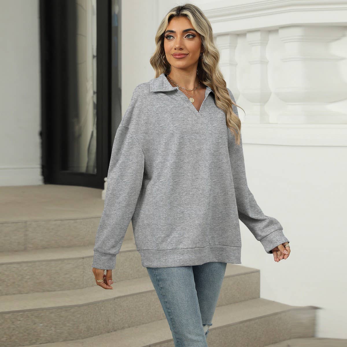Solid color lapel baggy long-sleeved hoodie