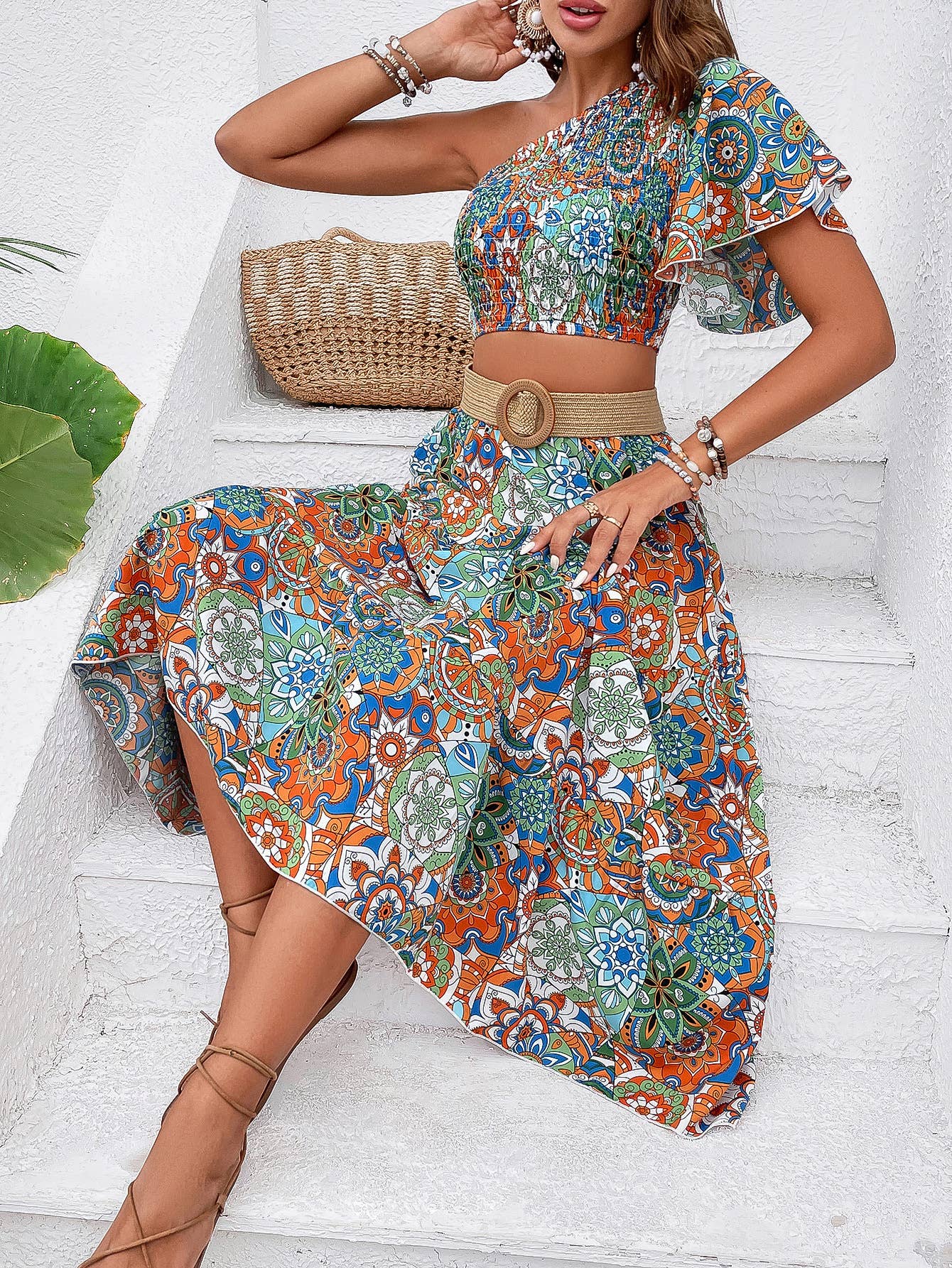 LONG BOHO DRESS WITH WAISTED AND SLOPING SHOULDER