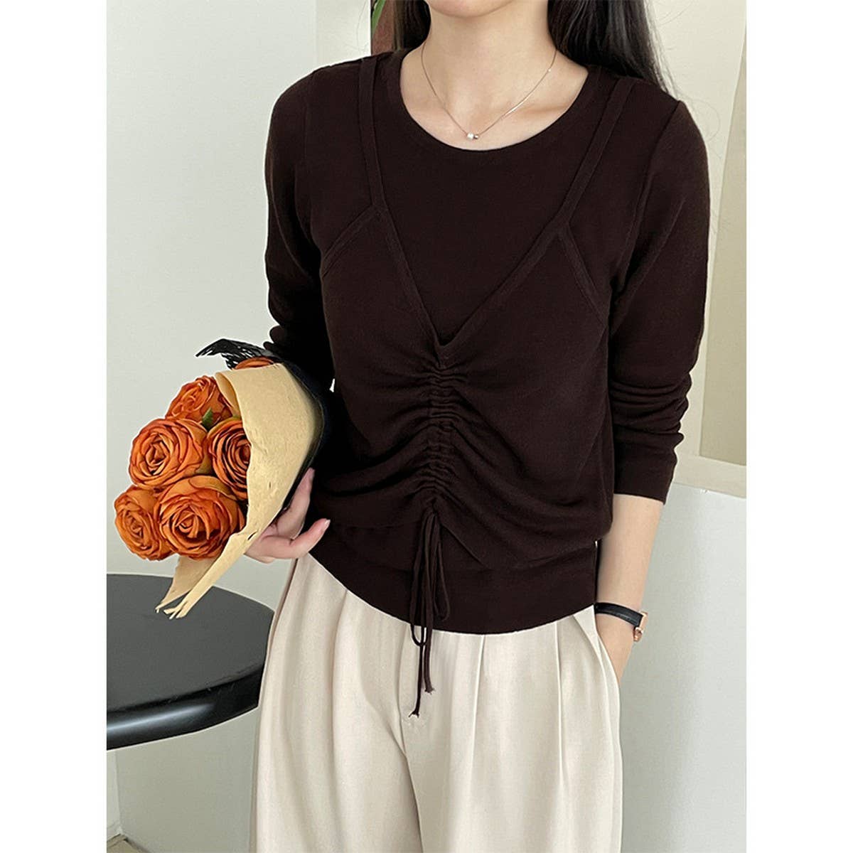 Fake two drawstring slimming knit long-sleeved tops