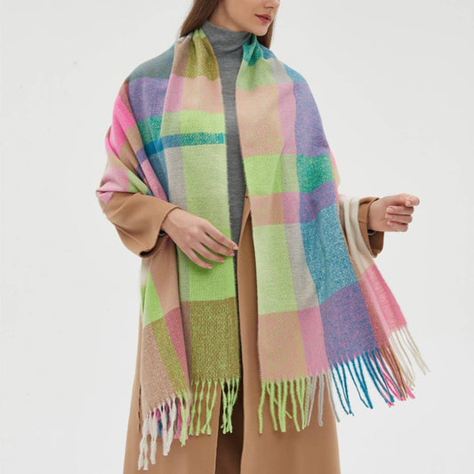 Rainbow Plaid Scarf - Thick Winter Tassel Wrap_CWASC0124