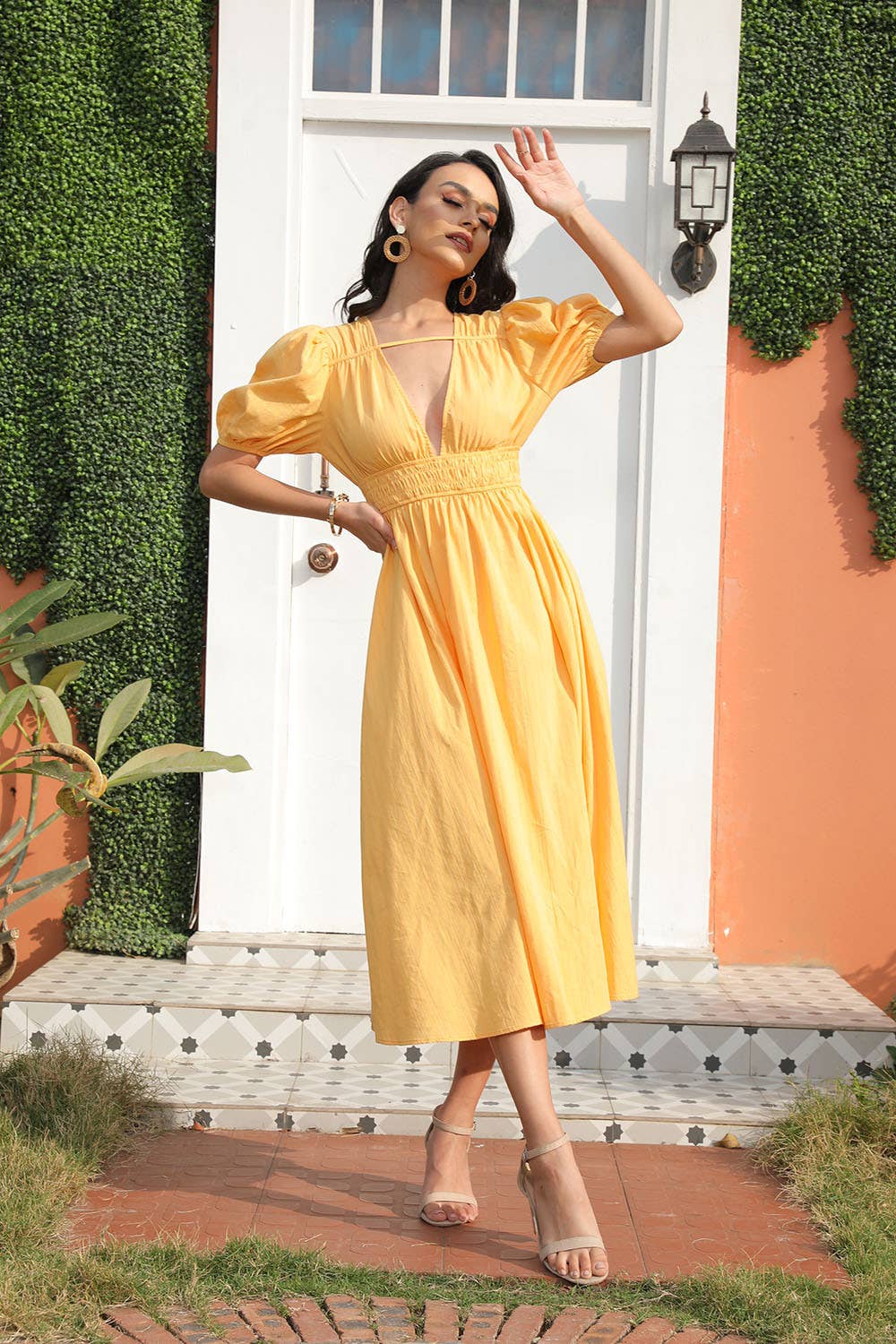 PUFFY SLEEVE V-NECK COTTON DRESS