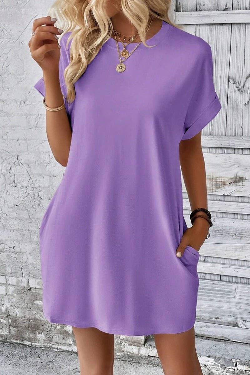 CWDSD3628_SOLID COLOR ROUND NECK LOOSE POCKET SHORT DRESS