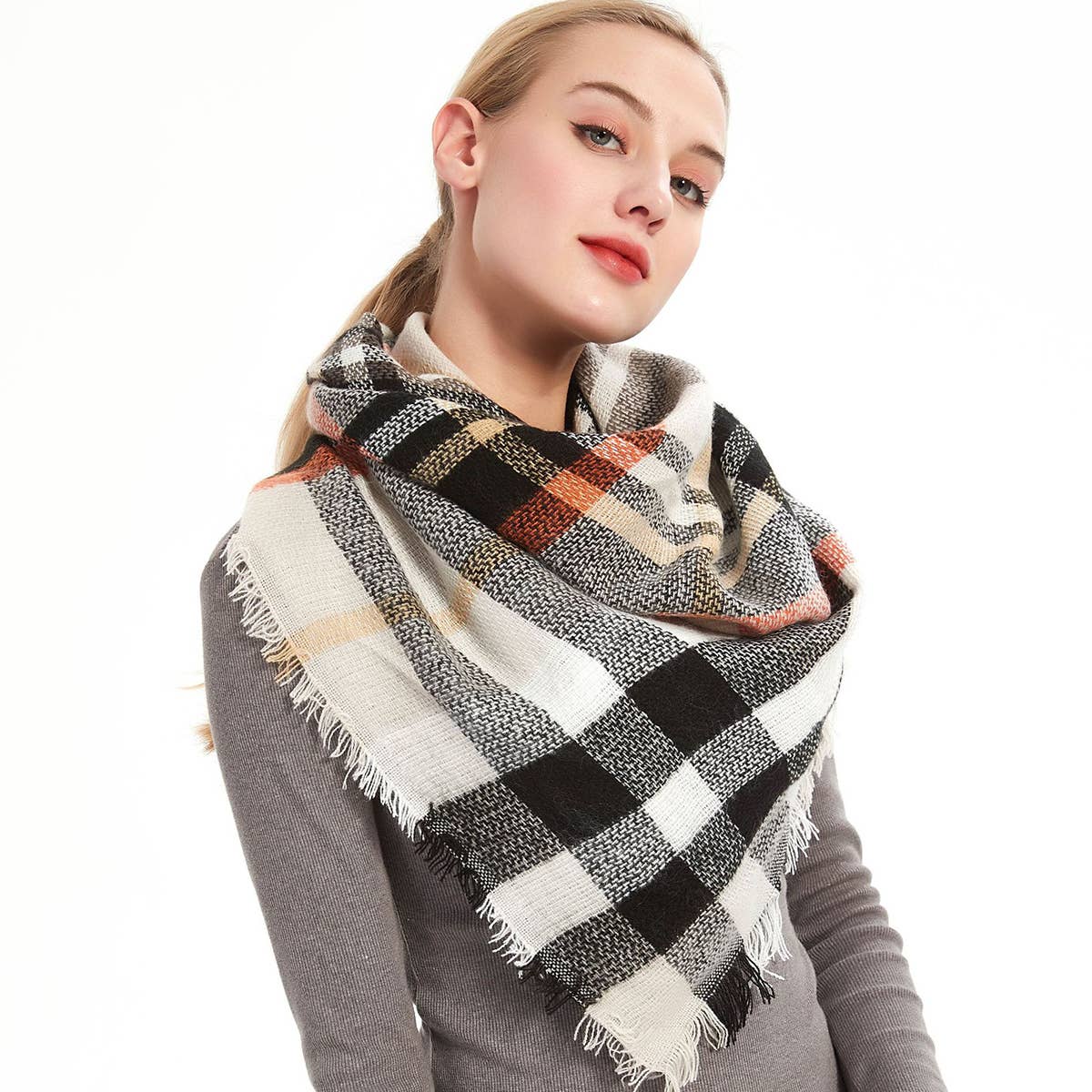 Rainbow Plaid Scarf ??Triangle Winter Shawl_CWASC0116