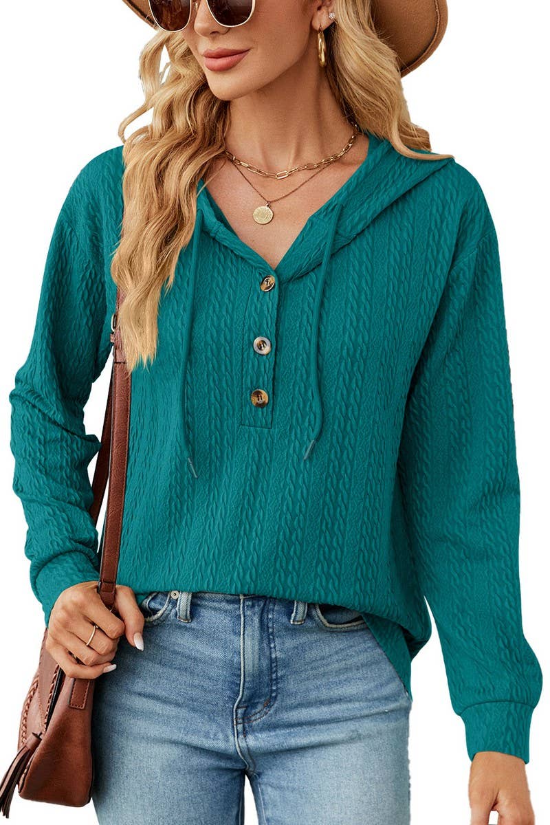 CWOHOL0475_Casual V-Neck Hoodie Long Sleeve Top