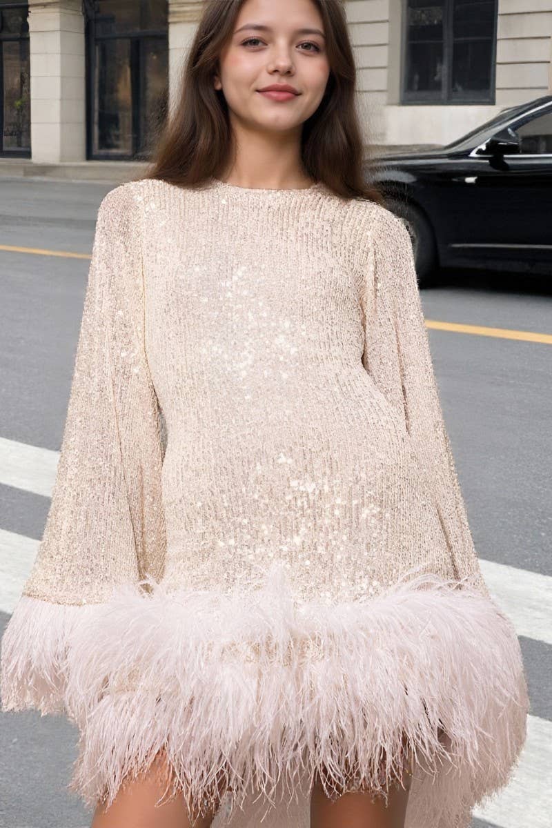 CWDSD8871_SEXY OPEN BACK LONG SLEEVE SEQUINED FEATHER DRESS