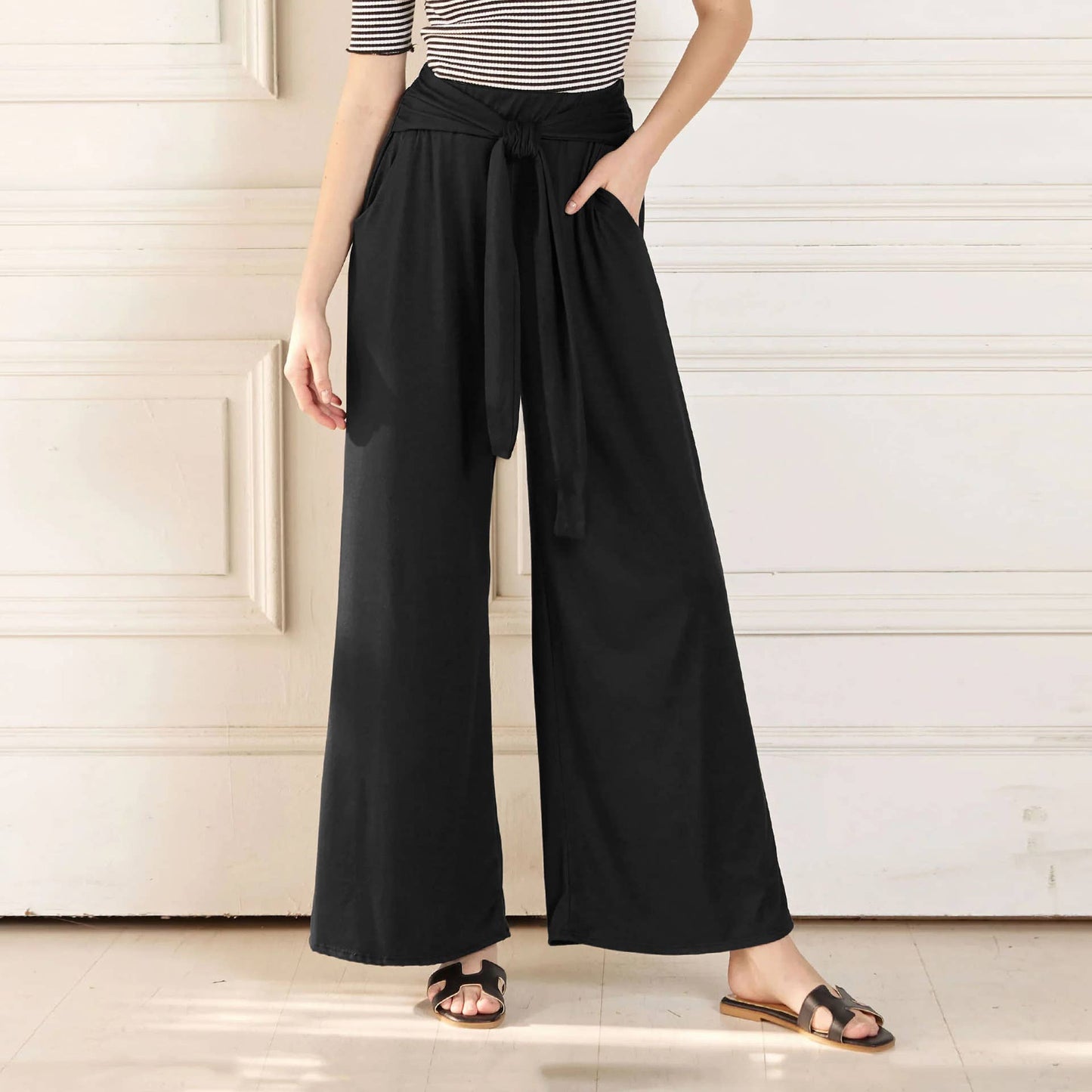 SOLID COLOR SAG ALL-IN-ONE LACE-UP WIDE-LEG PANTS