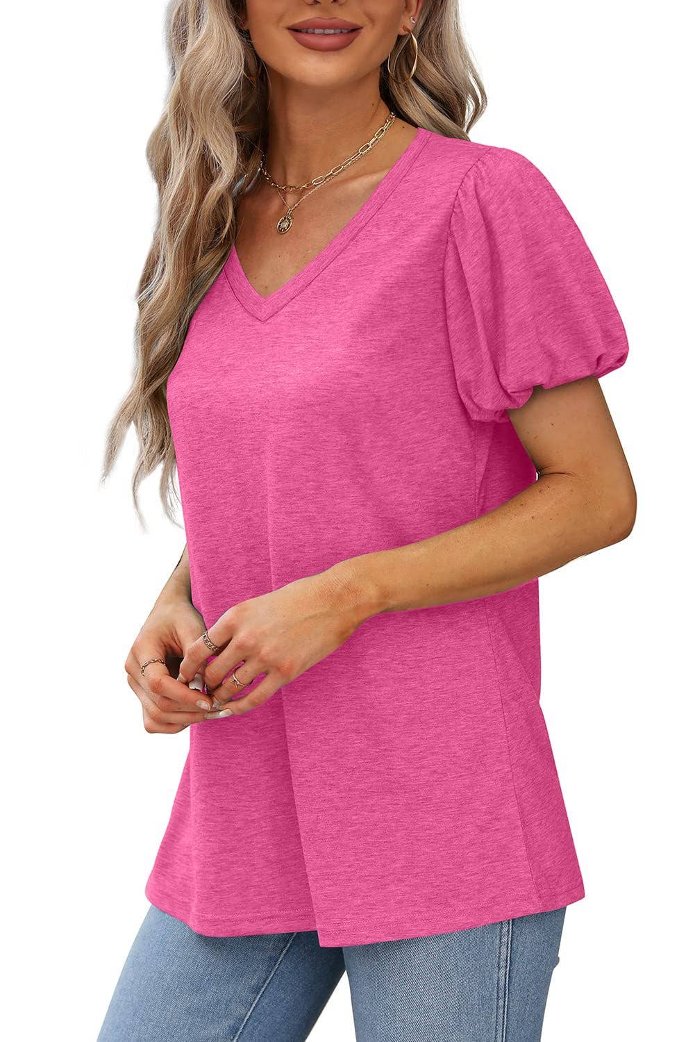 V-NECK LANTERN SLEEVE SOLID SHORT-SLEEVED TOP