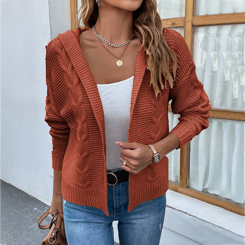 SOLID COLOR HOODED TWIST SWEATER CARDIGAN
