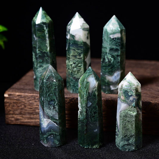 Natural Moss Agate Pointed Crystal Tower