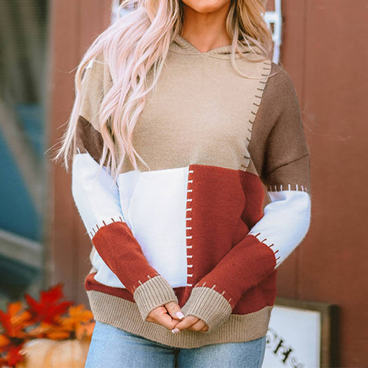 SLOUCHY HOODED PATCHWORK PULLOVER SWEATER
